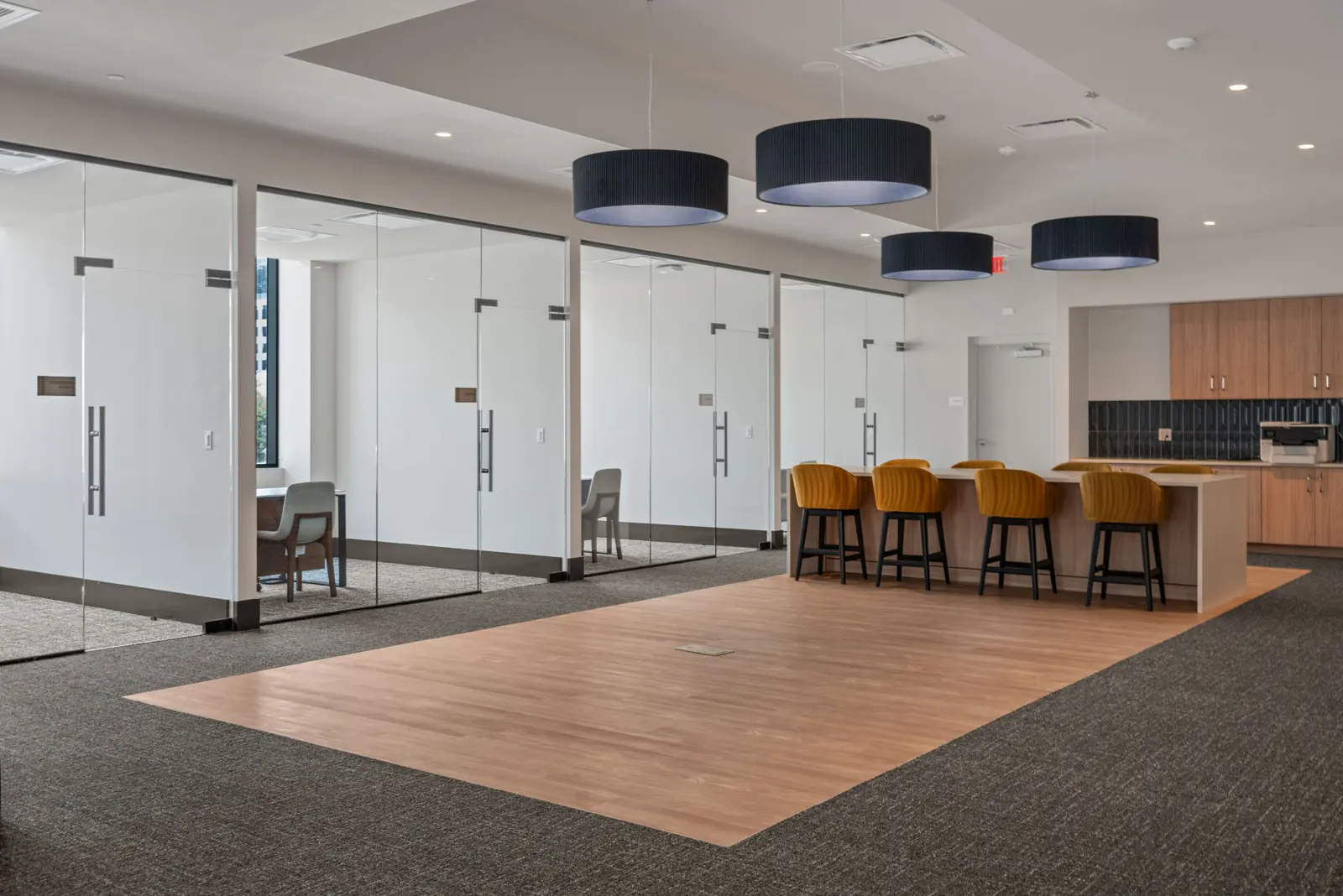 Amenity lounge with wood-look plank and carpet at AER Tampa